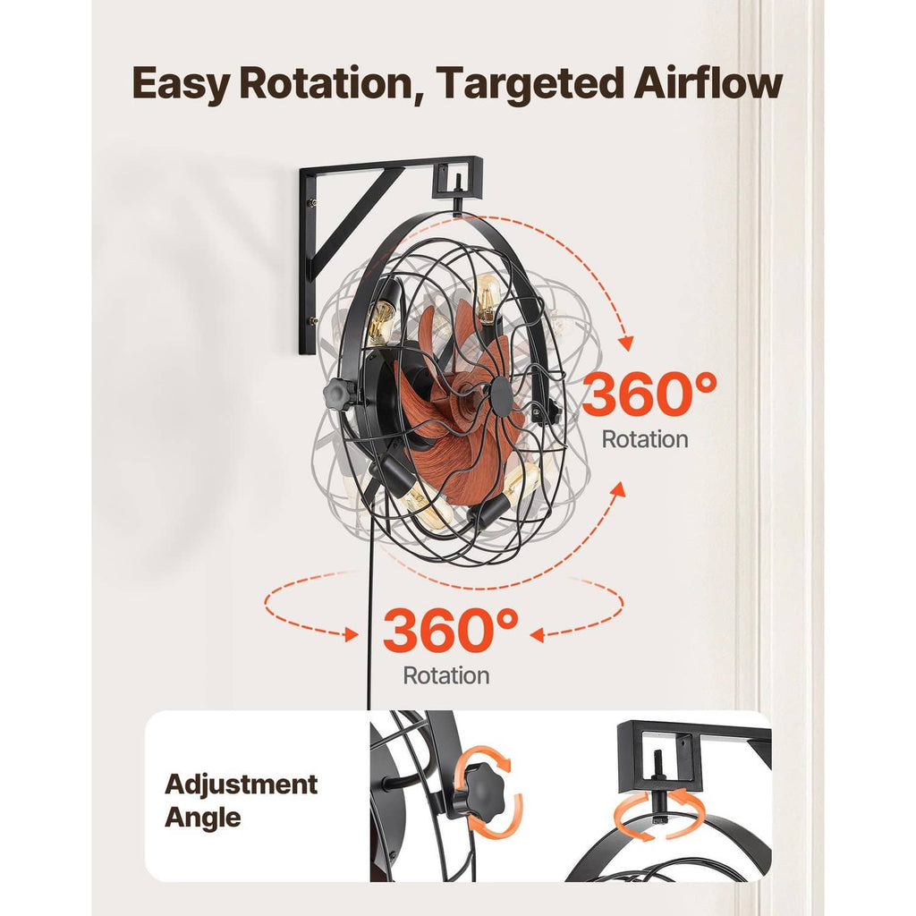 Wall-mounted fan with orange wood-look blades and 4 lit bulbs, adjustable 360-degree rotation