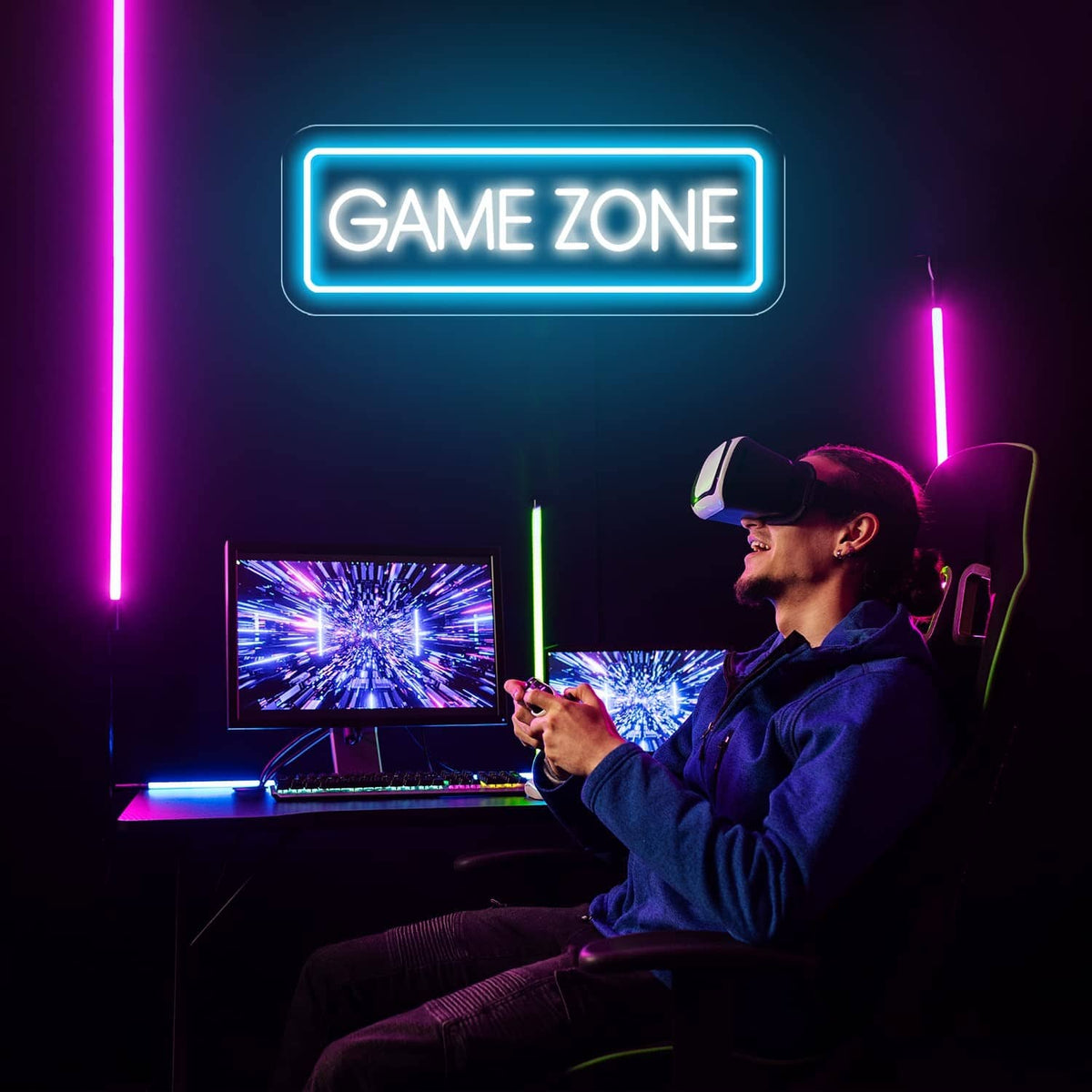 Glowing rectangular neon sign with blue outline and GAME ZONE white letters