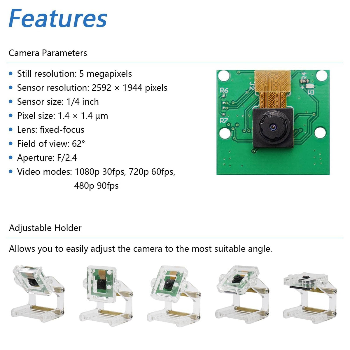 Green PCB camera module with black lens and clear adjustable holder