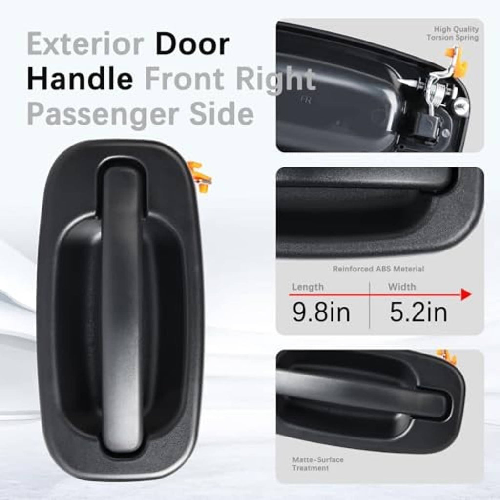 Exterior door handle front right passenger side, black textured housing and pull