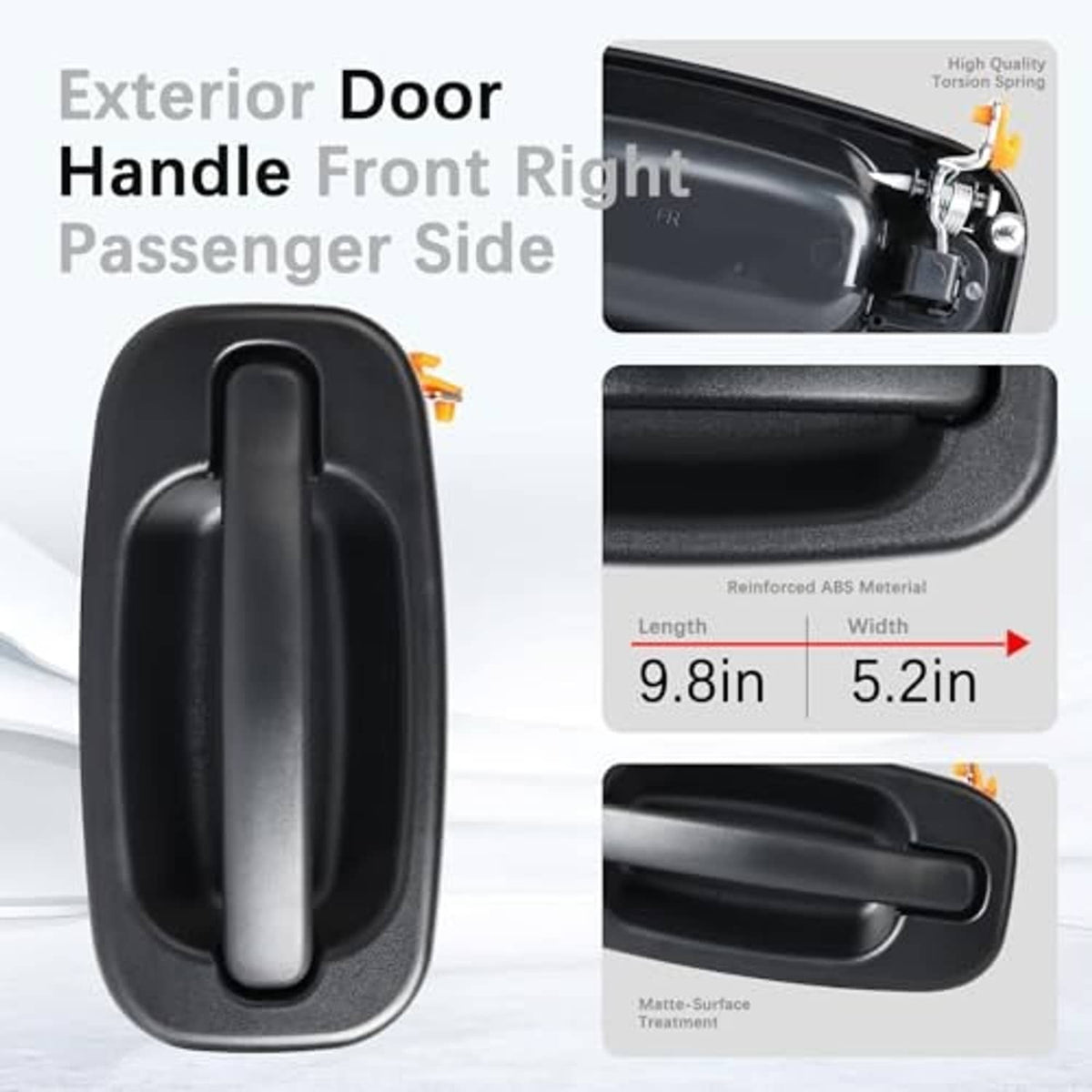 Exterior door handle front right passenger side, black textured housing and pull