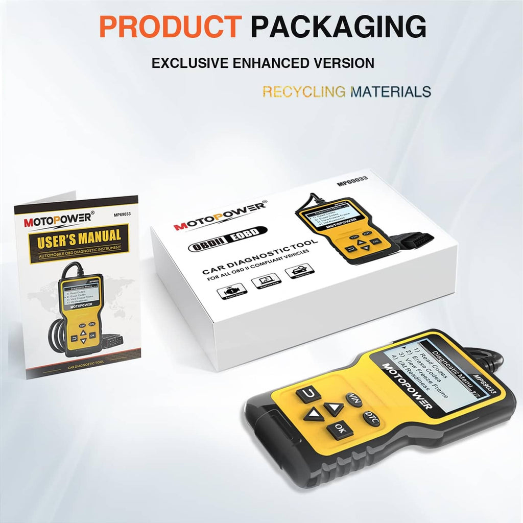 OBD2 scanner kit in retail packaging with handheld device and included manual