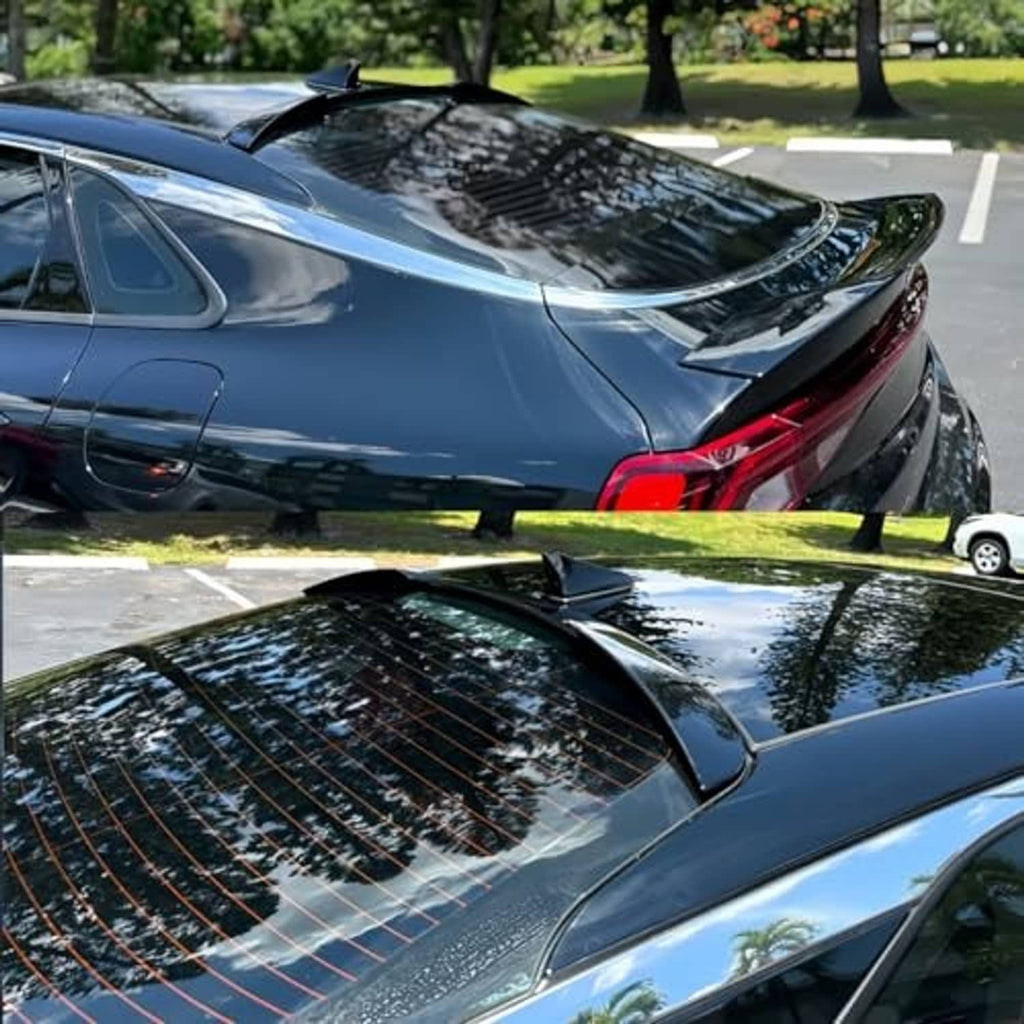 Black duckbill roof spoiler with central tab mount on rear roof glass