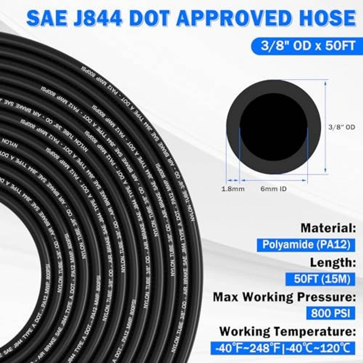 Black 3/8 in OD air hose cross-section diagram with length and thickness markings