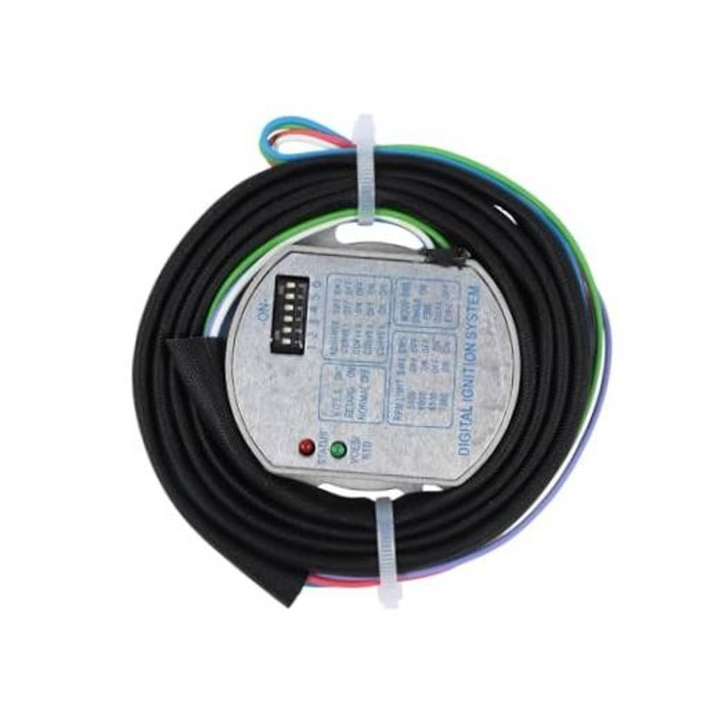 Programmable single-fire ignition module with black wire harness and silver control unit