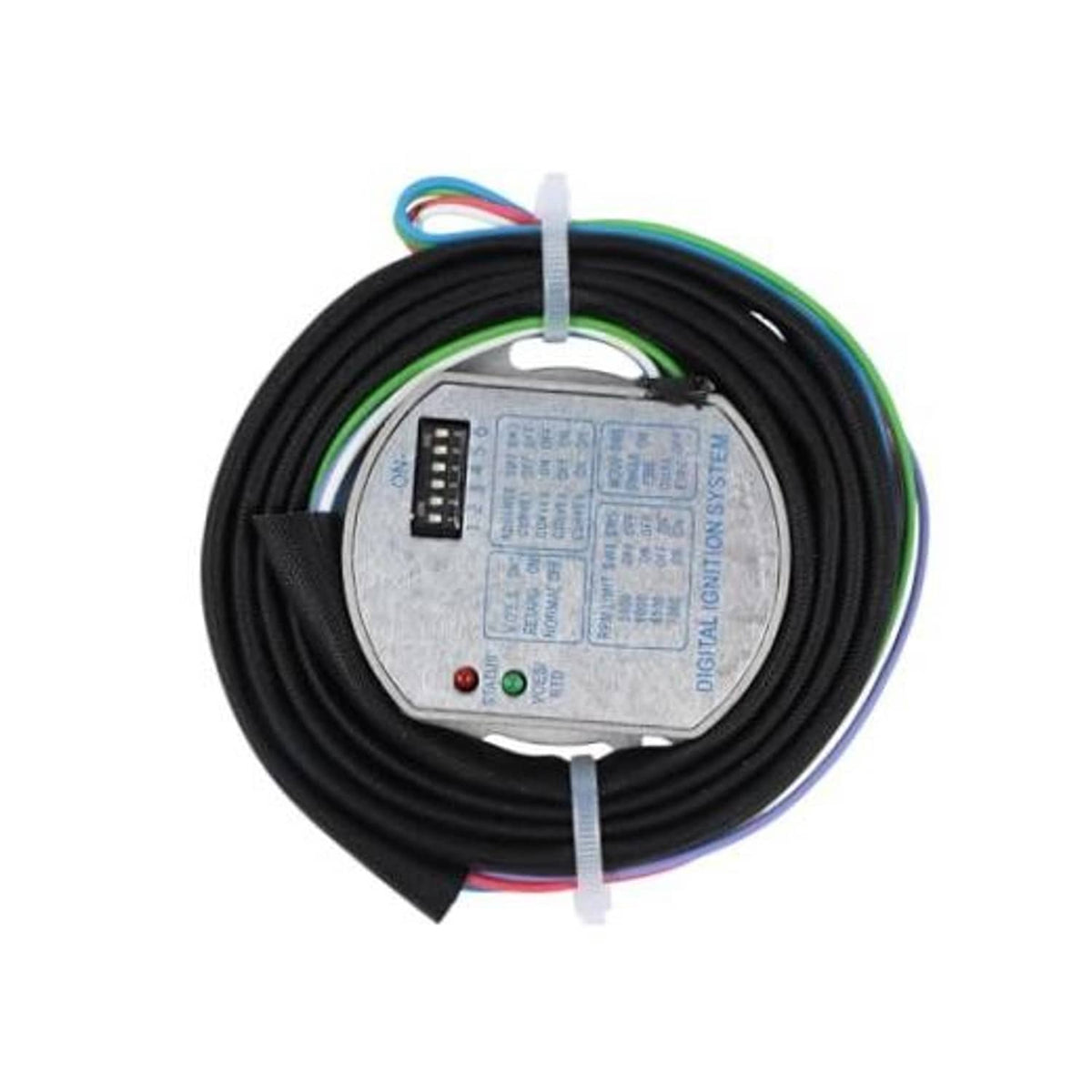 Programmable single-fire ignition module with black wire harness and silver control unit