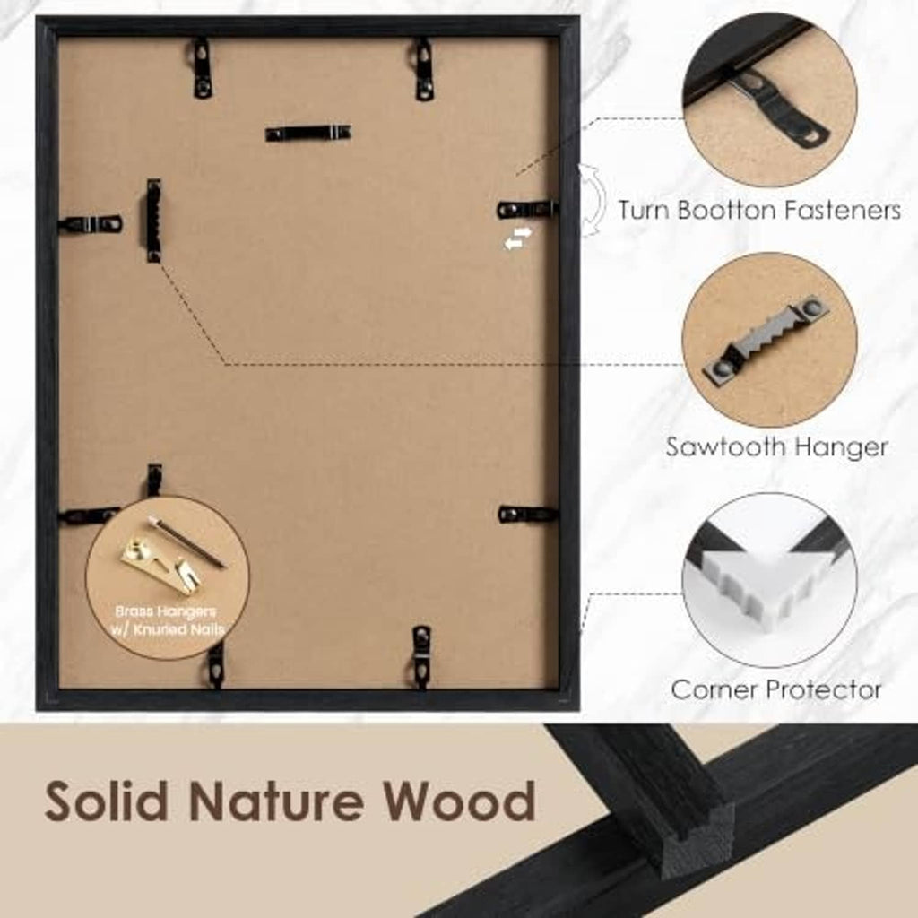 Back side of black 13x17 wooden picture frame with mounting hardware