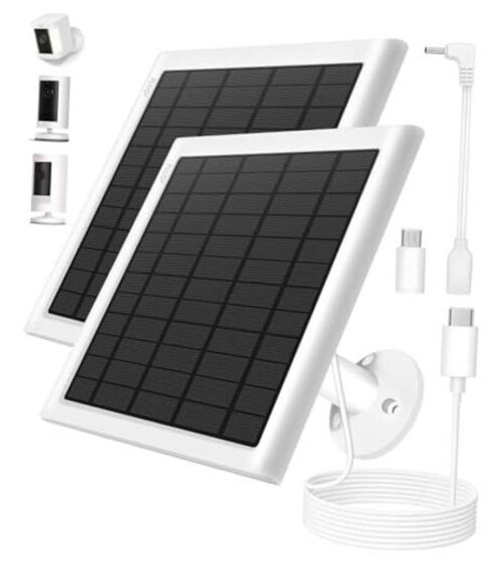 White 8W solar panel charger with mounting bracket and cables for camera power