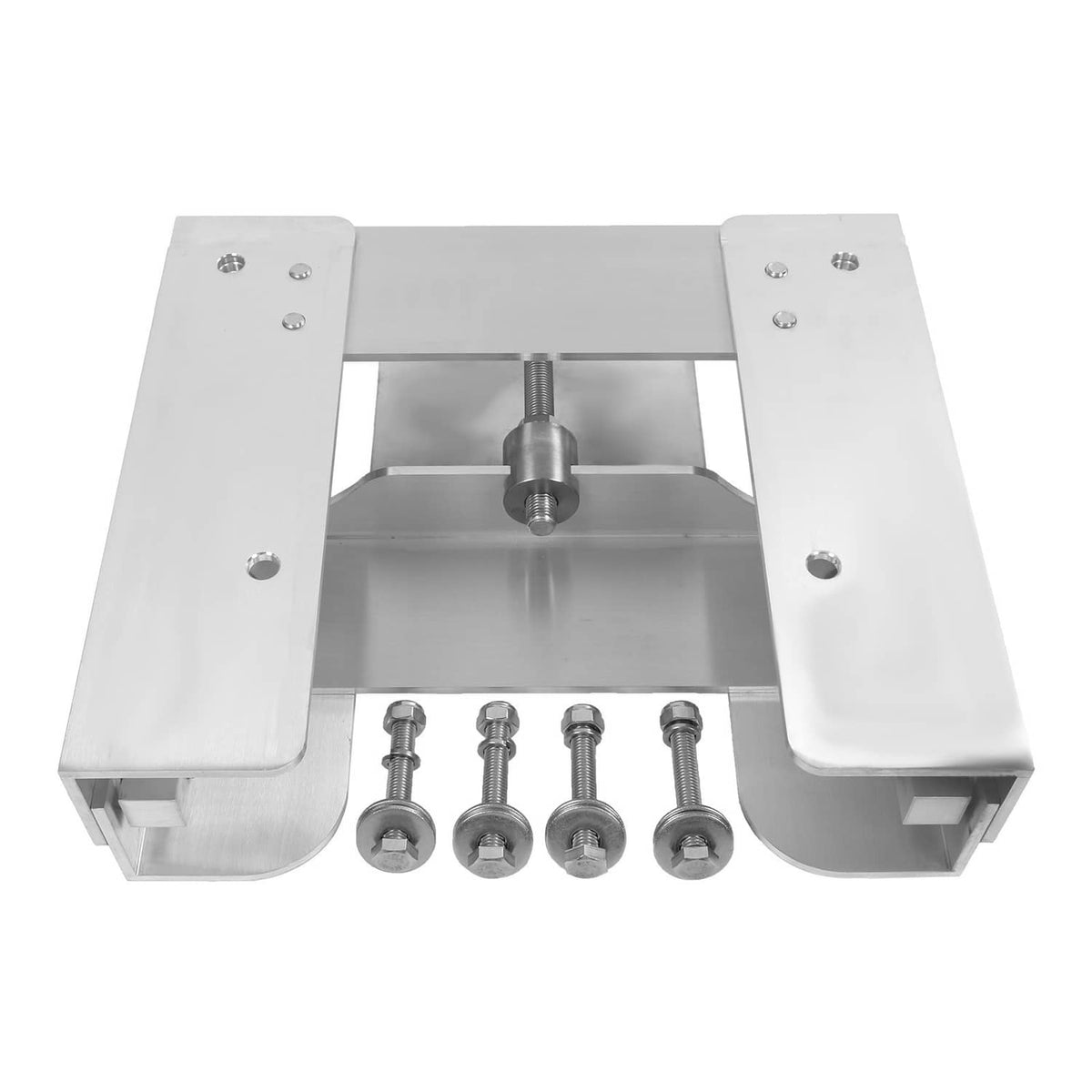 Adjustable boat jack plate set, top view of mounting brackets and lift post, silver finish