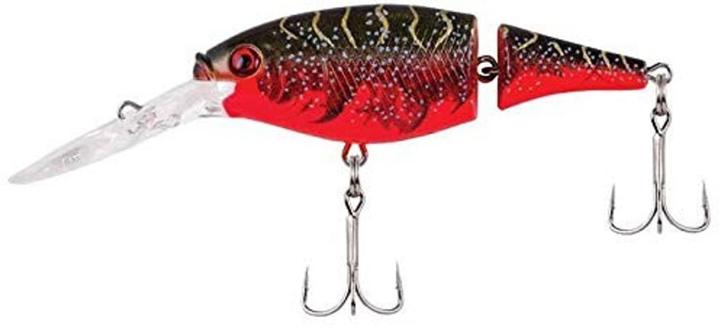 Jointed crankbait lure, red and black patterned body with clear lip and front treble