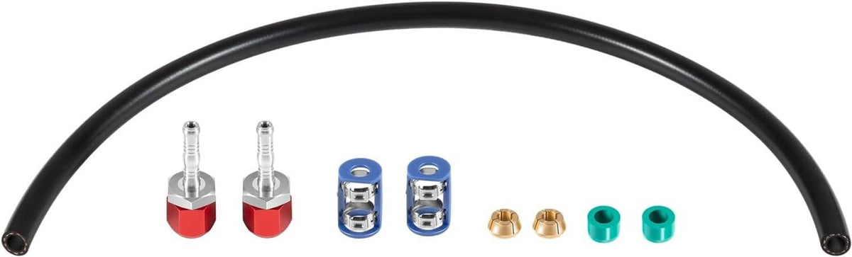 A/C line splice kit parts with black curved hose, blue holders, red seals, brass connectors