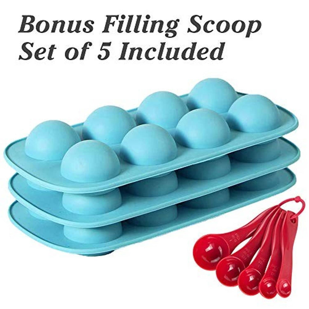 Light blue silicone sphere mold tray with bonus red filling scoop and round cavities