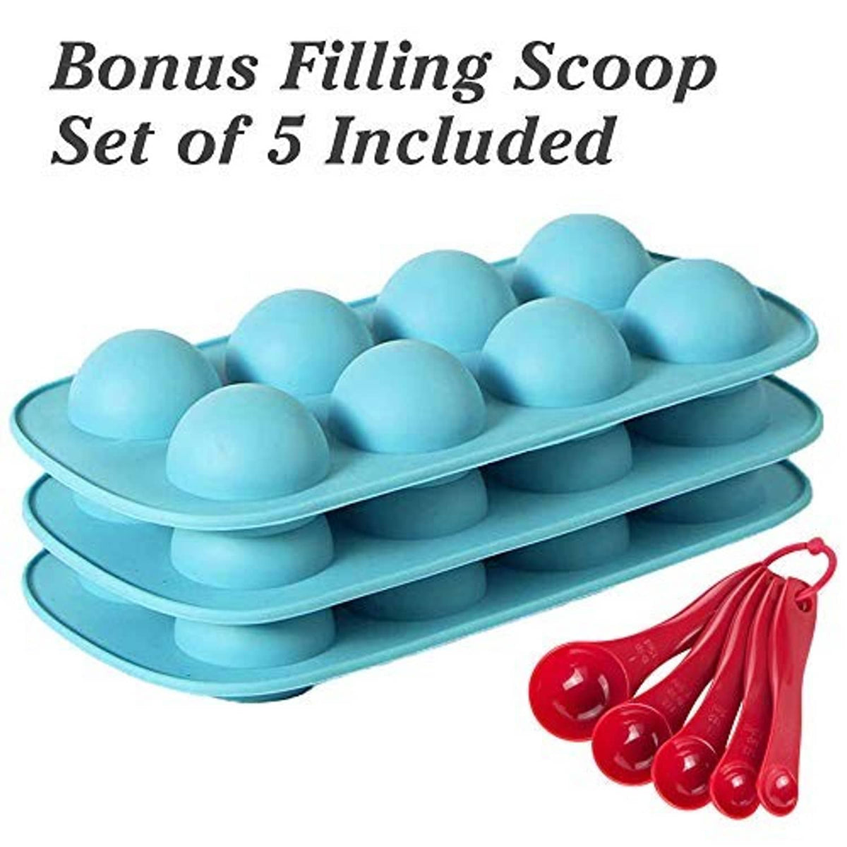 Light blue silicone sphere mold tray with bonus red filling scoop and round cavities
