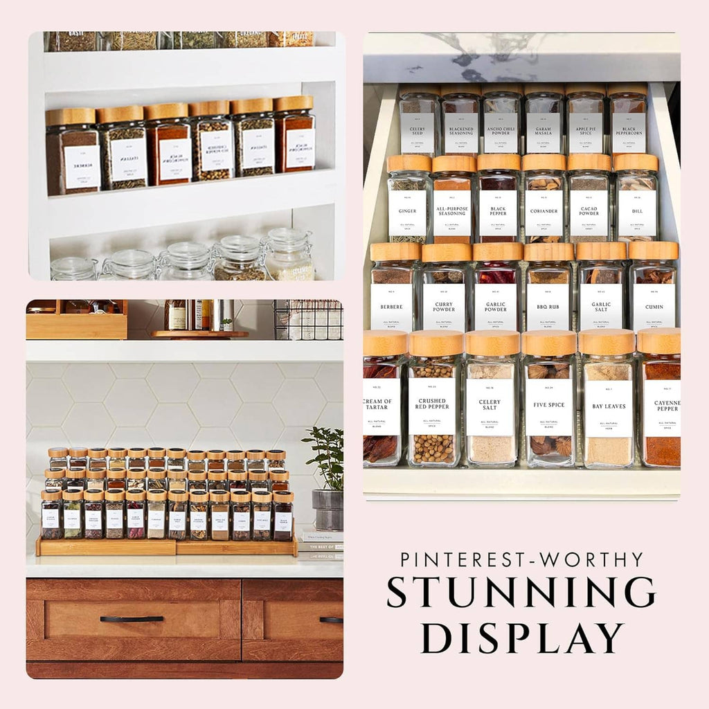 Bamboo-lid spice jar set with clear glass containers shown in shelving and display areas