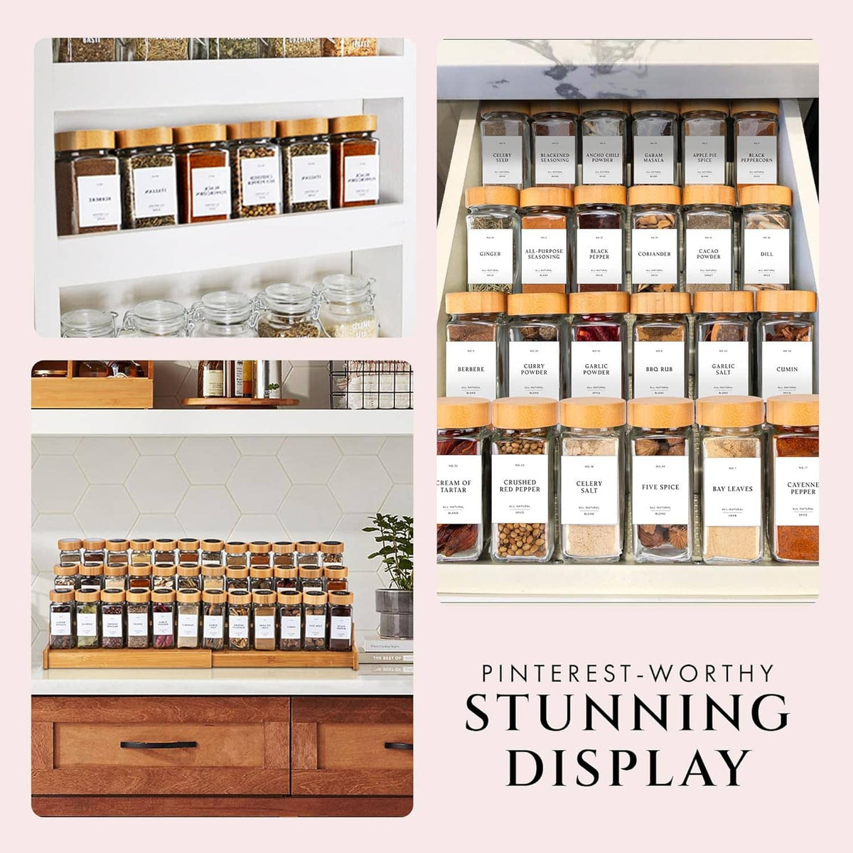 Bamboo-lid spice jar set with clear glass containers shown in shelving and display areas