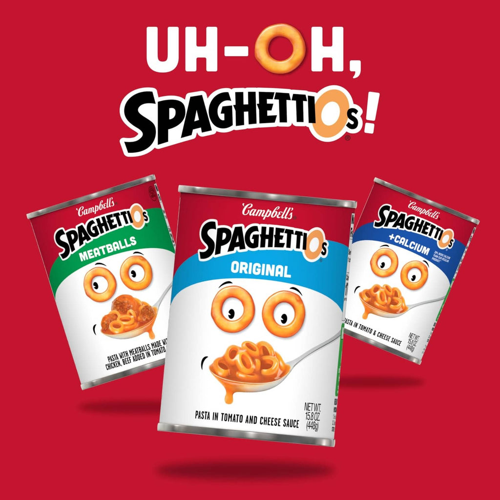 Campbell’s Spaghettios assorted cans: meatballs, original, and +Calcium