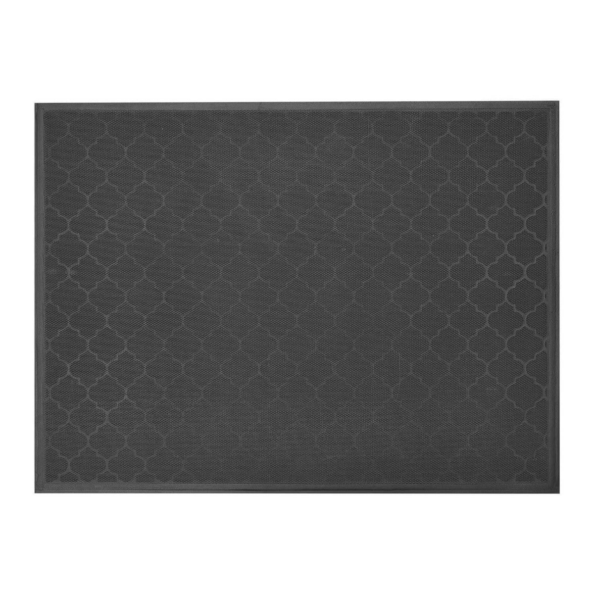 Dark gray front door mat with subtle hexagon pattern and flat border