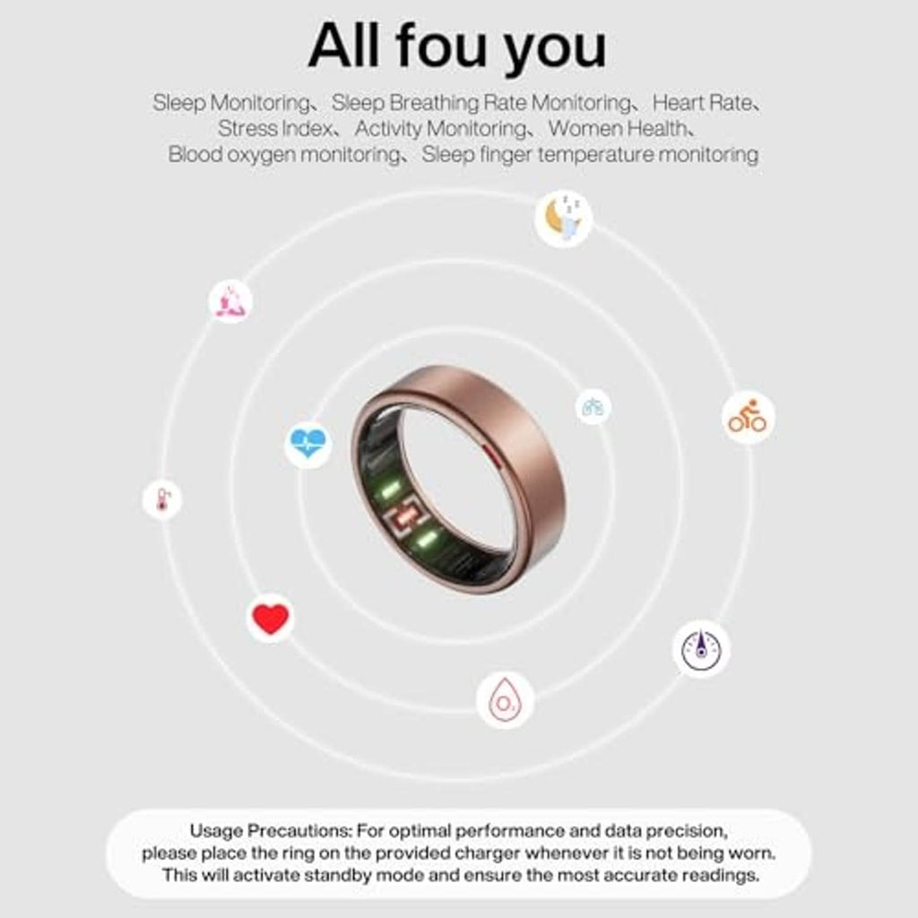 Matte rose gold titanium smart ring shown in a circular UI layout, black sensor window