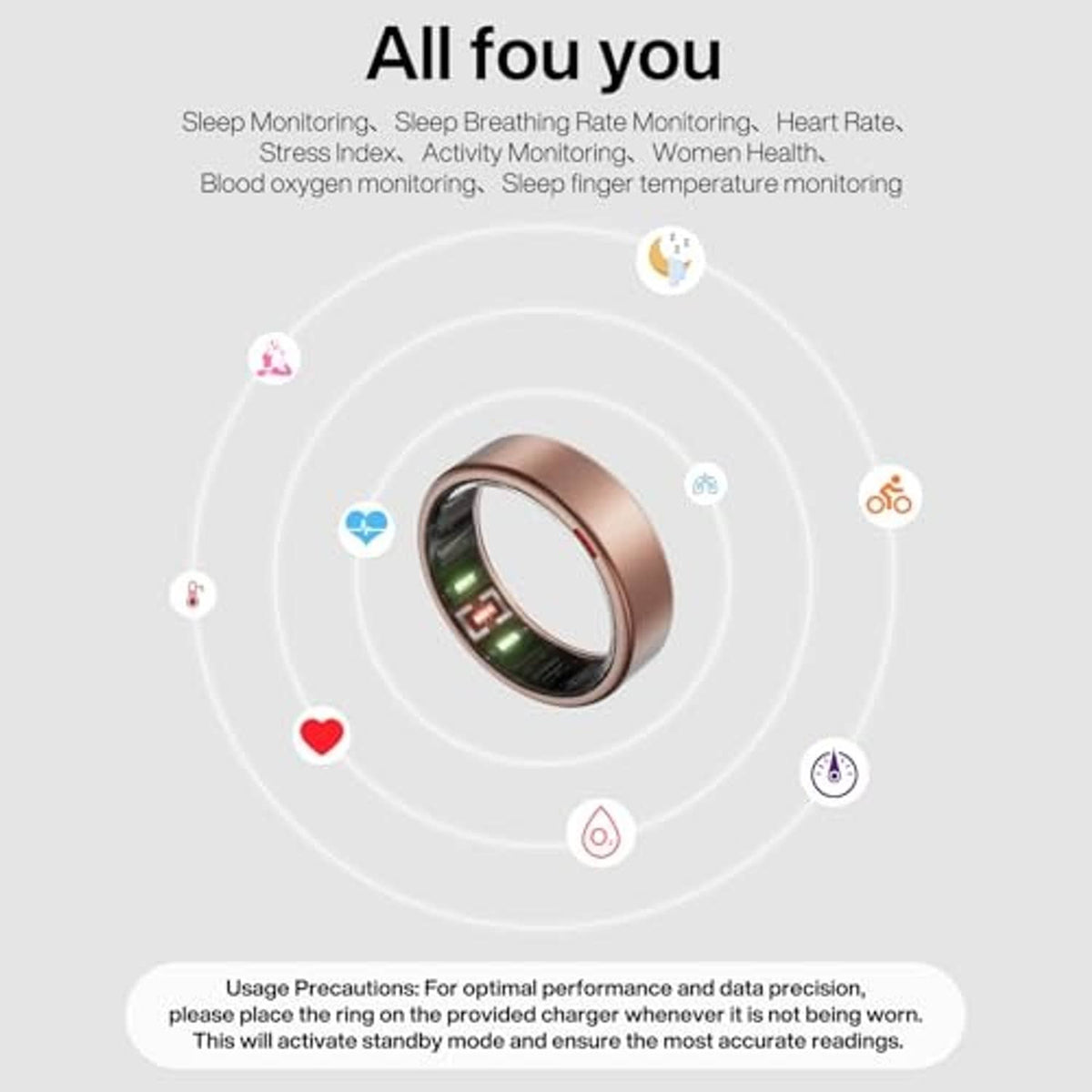 Matte rose gold titanium smart ring shown in a circular UI layout, black sensor window
