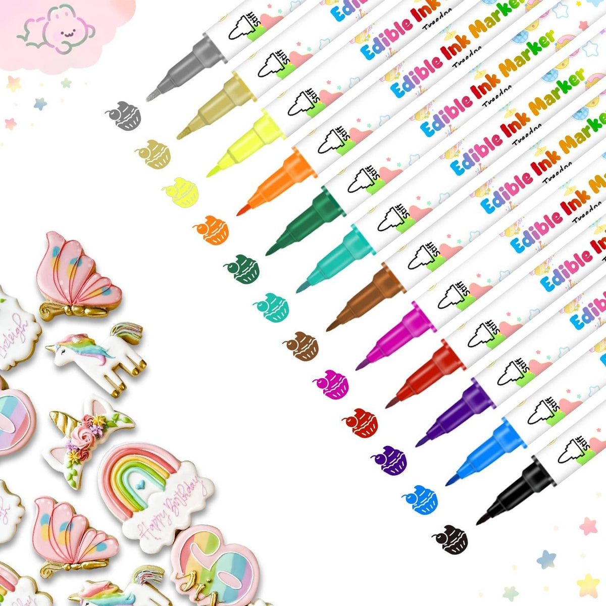 Edible ink marker pens with assorted colored tips arranged diagonally