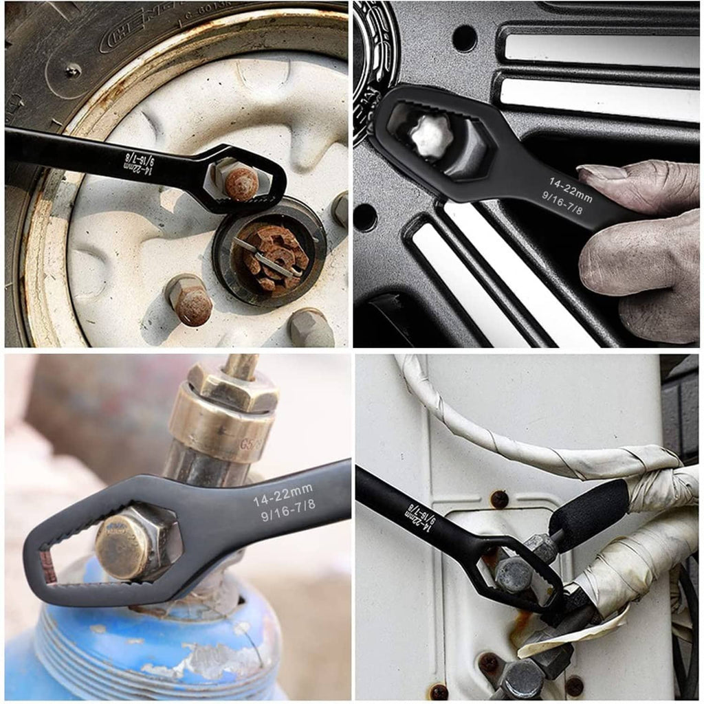 Adjustable black wrench gripping a metal fitting on a pipe with bolts