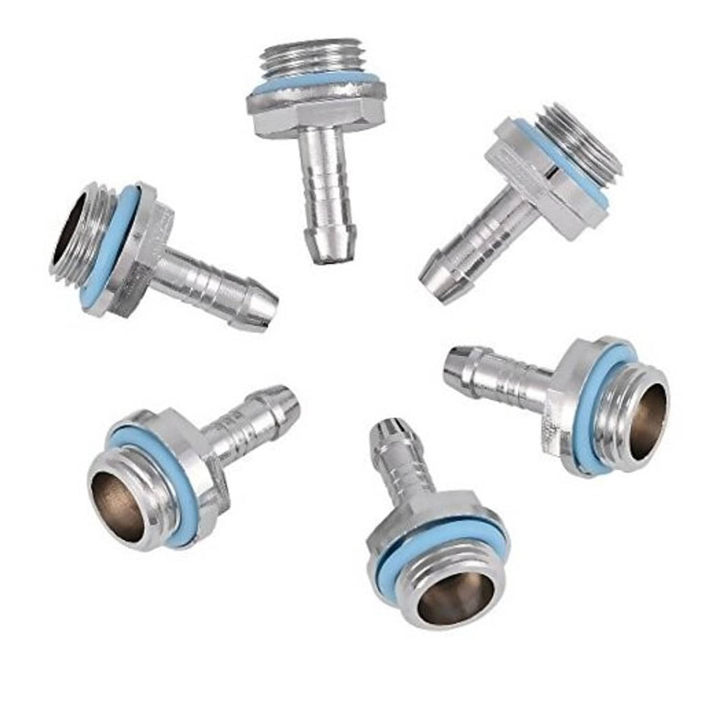 Six silver G1/4 barb fitting adapters with blue sealing rings, for 6mm tubing