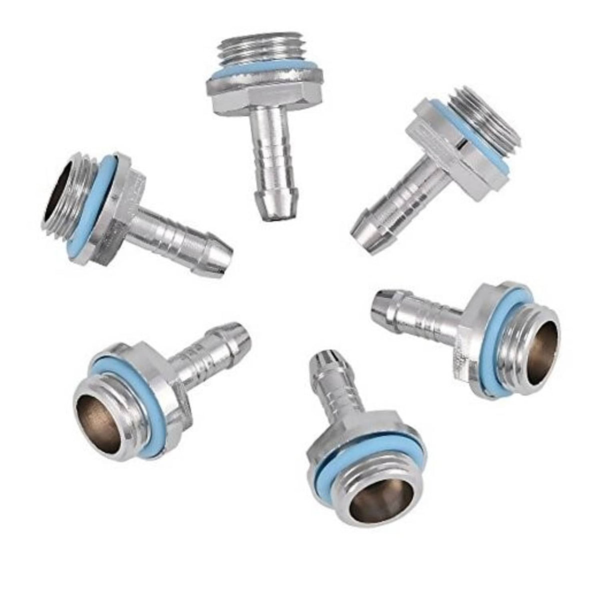 Six silver G1/4 barb fitting adapters with blue sealing rings, for 6mm tubing
