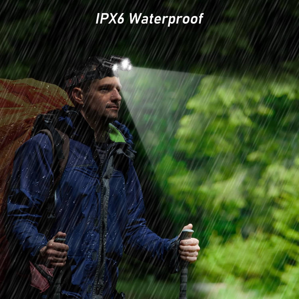 Rechargeable LED headlamp with IPX6 waterproof design and rain-protected housing