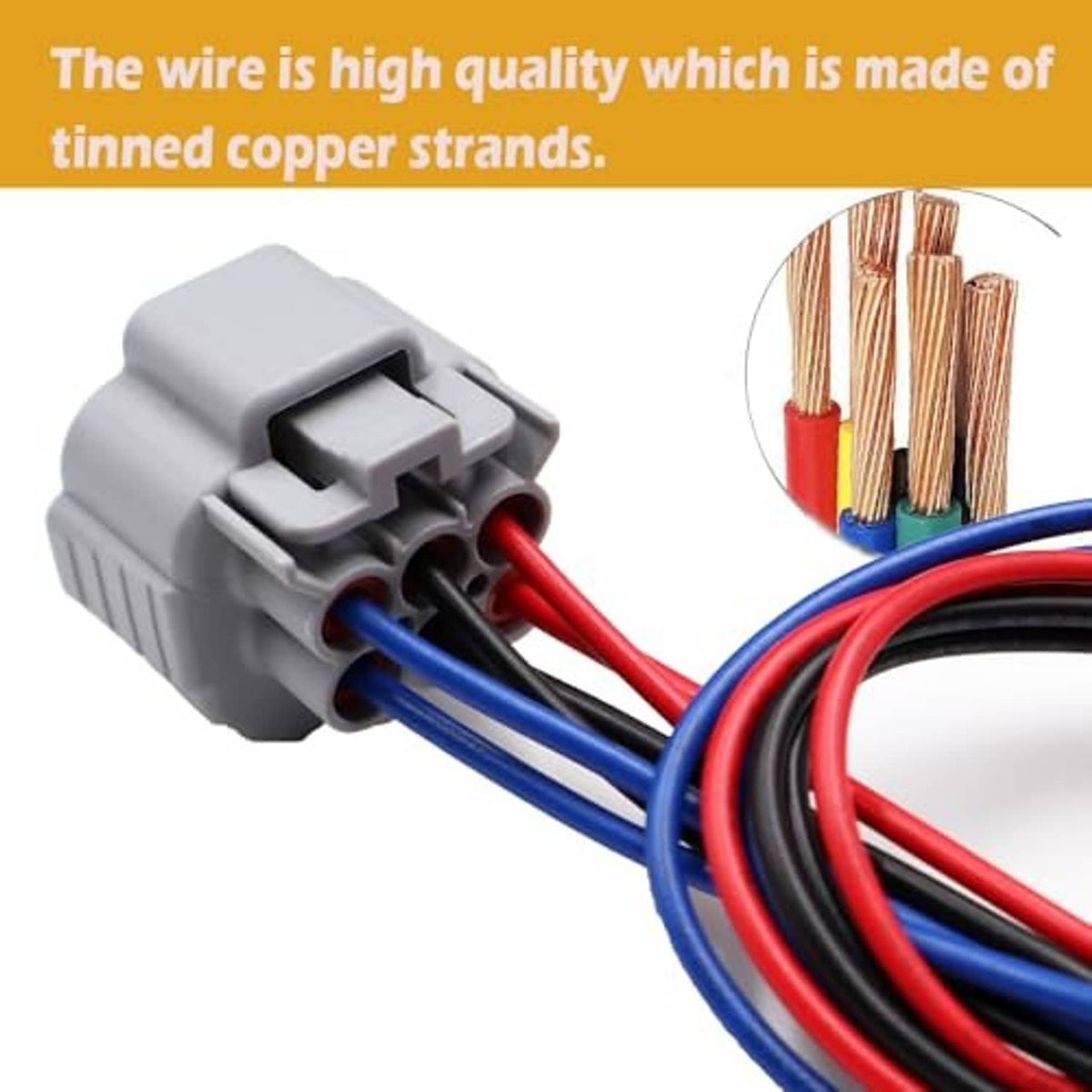 Close-up of gray 6-pin headlight connector with red/blue wires and copper strands