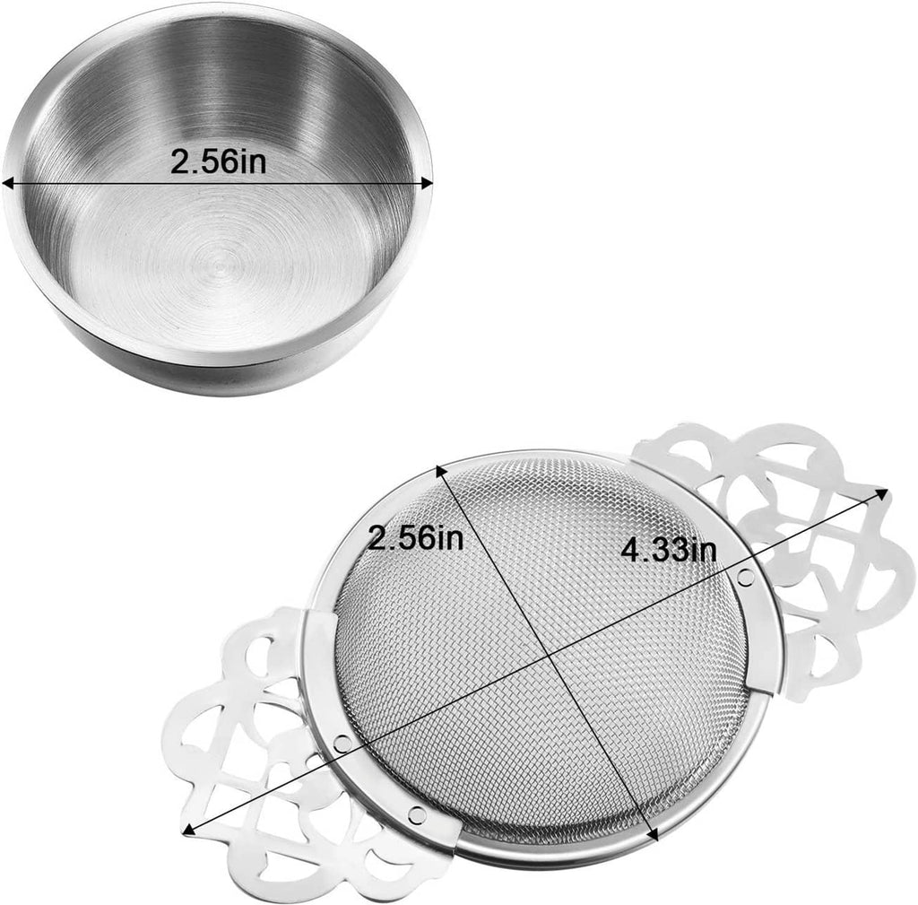 Circular mesh tea infuser and matching drip bowl with decorative handles