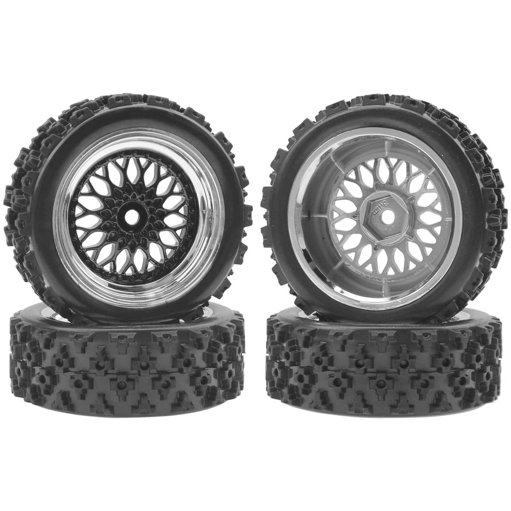 RC on-road tire and wheel set, pair of silver rims with black hex hubs