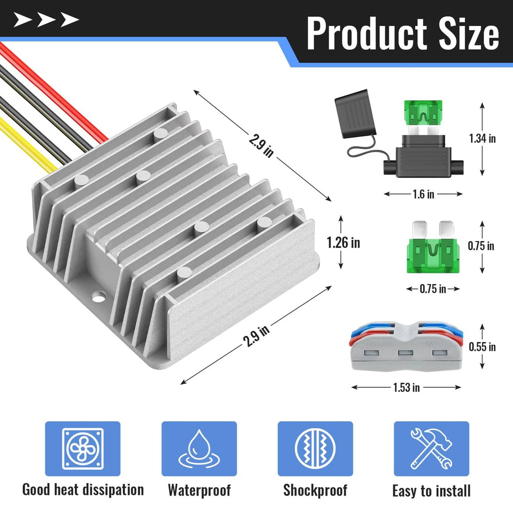 Grey DC converter heat sink with cooling fins, mounting holes, and terminal connectors