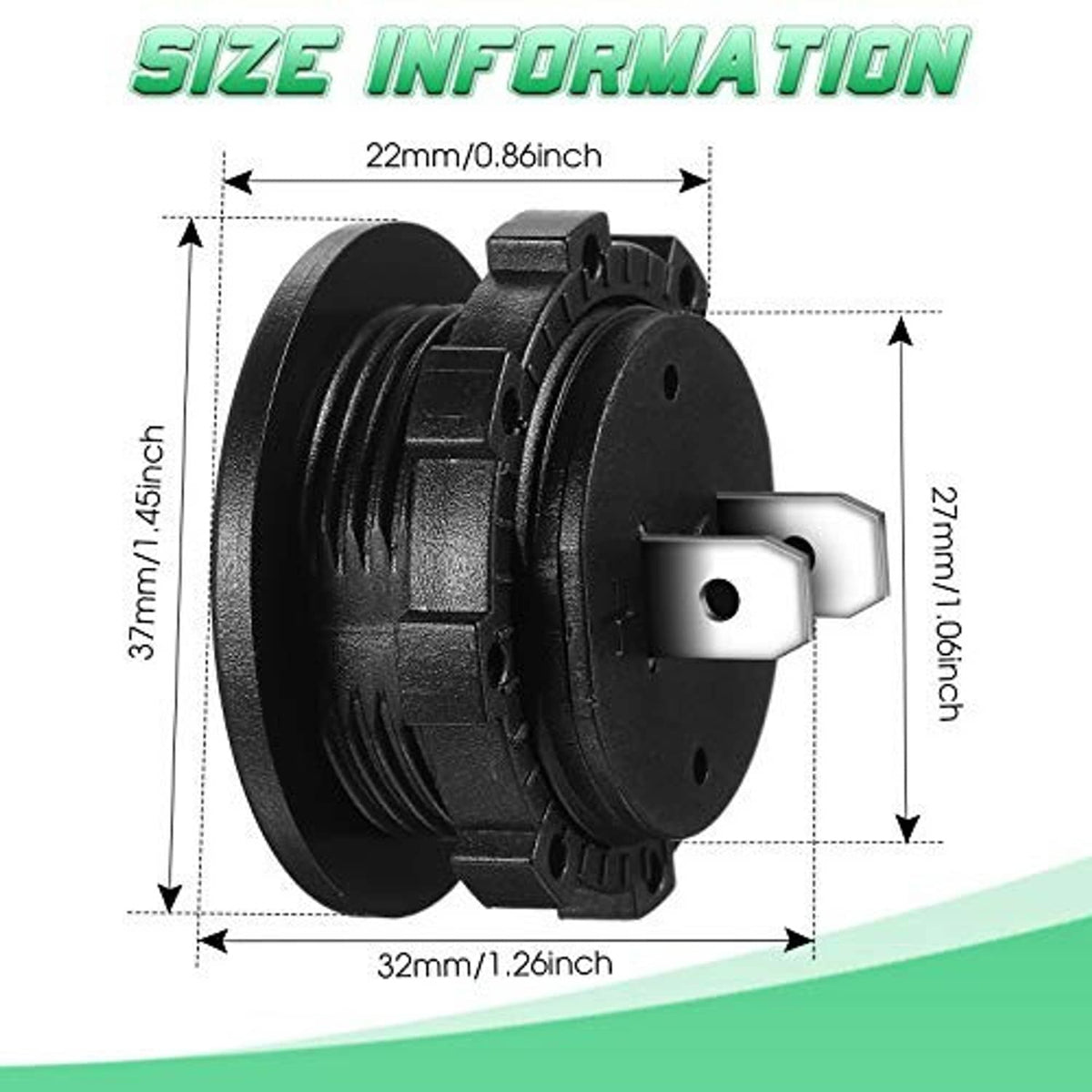 Round DC voltage gauge with metal spade terminal and threaded mount, size shown