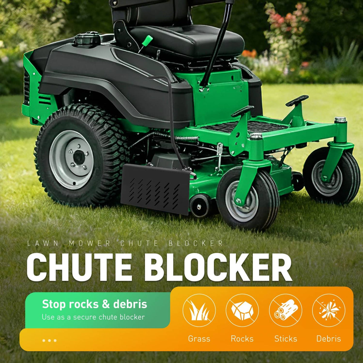 Chute blocker attachment installed on a lawn mower, black deflector plate