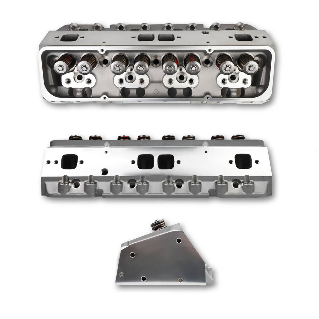 Pair of aluminum cylinder heads with exposed ports and valve springs, silver