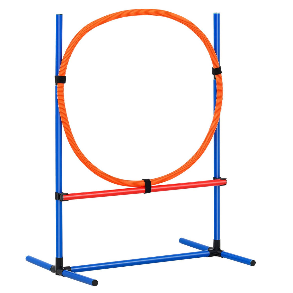 Blue and orange hoop jump obstacle for dog agility training with red crossbar