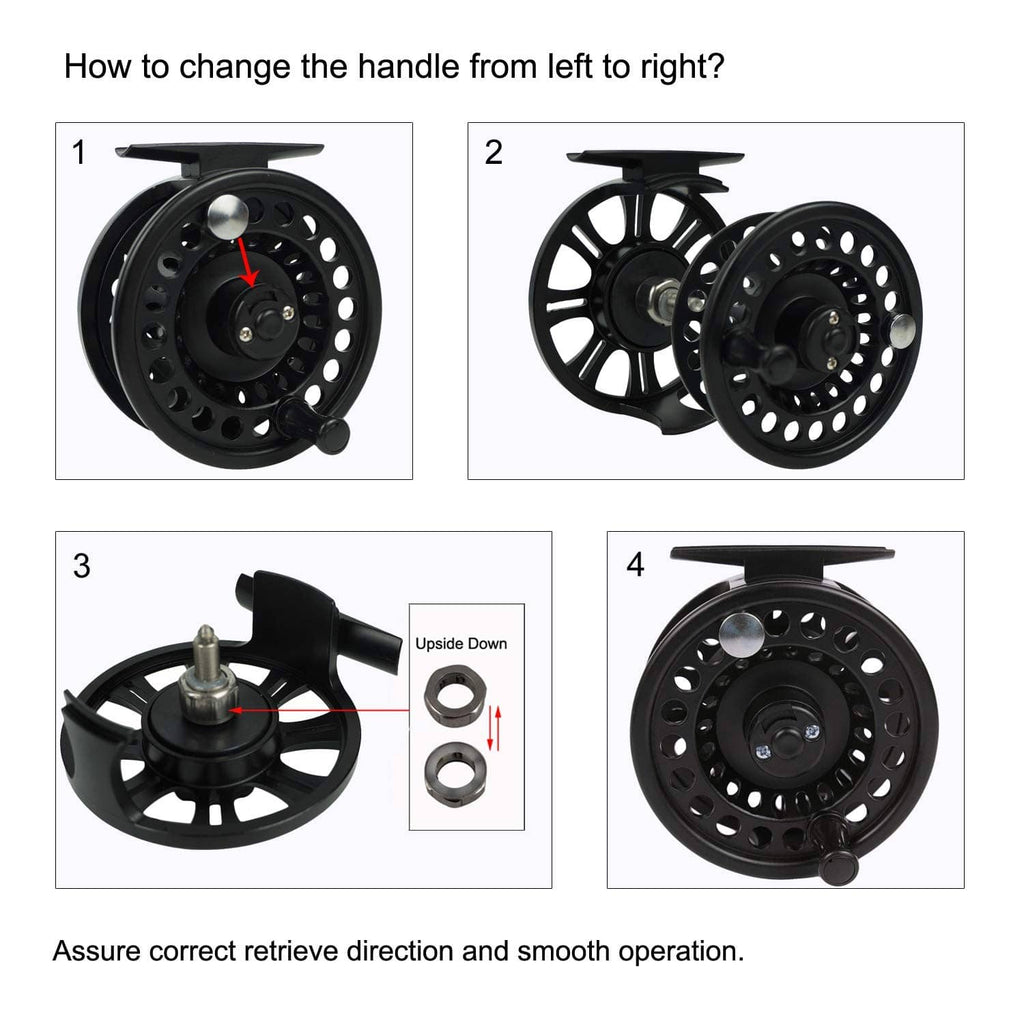 Fly reel handle change diagram showing left-to-right retrieve conversion