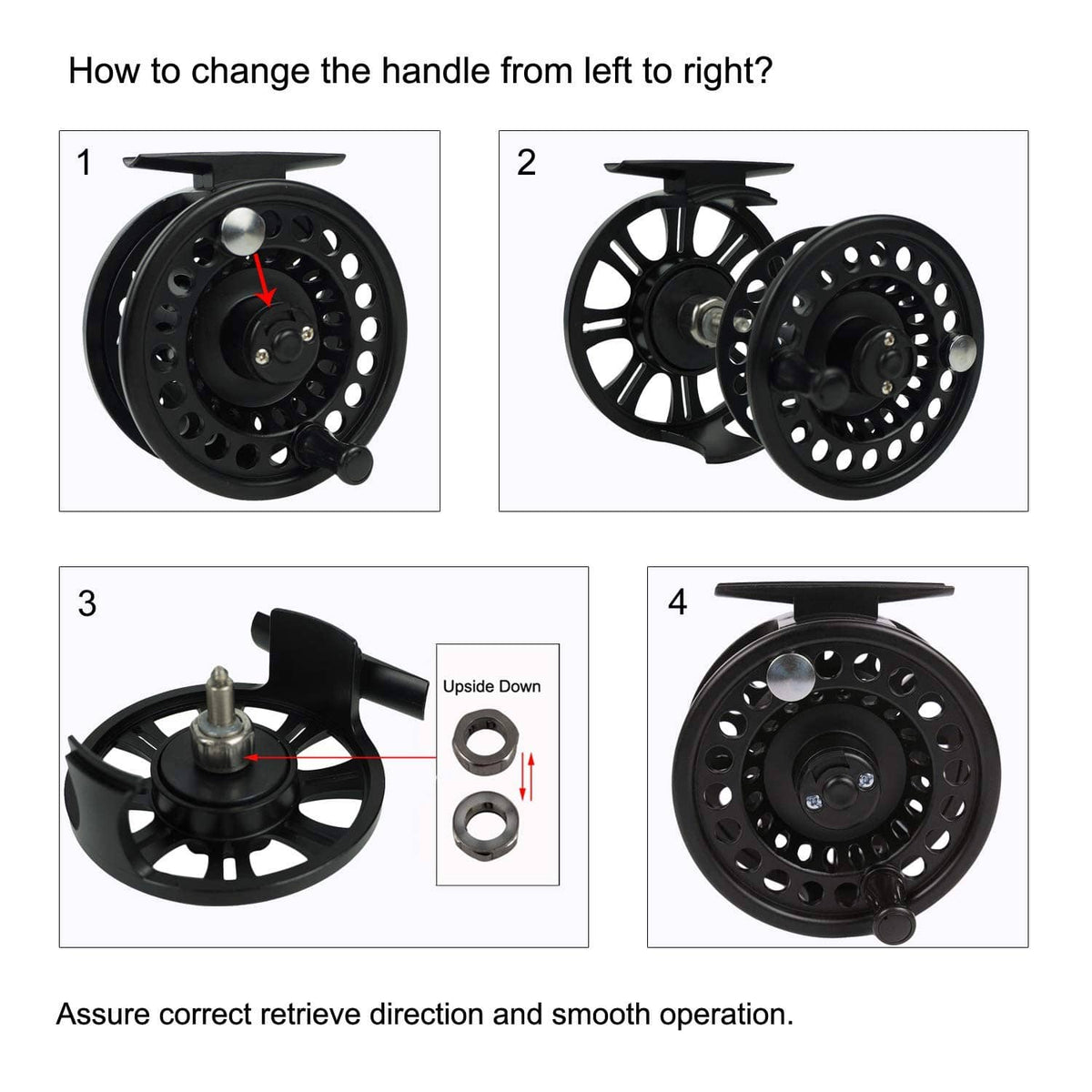 Fly reel handle change diagram showing left-to-right retrieve conversion