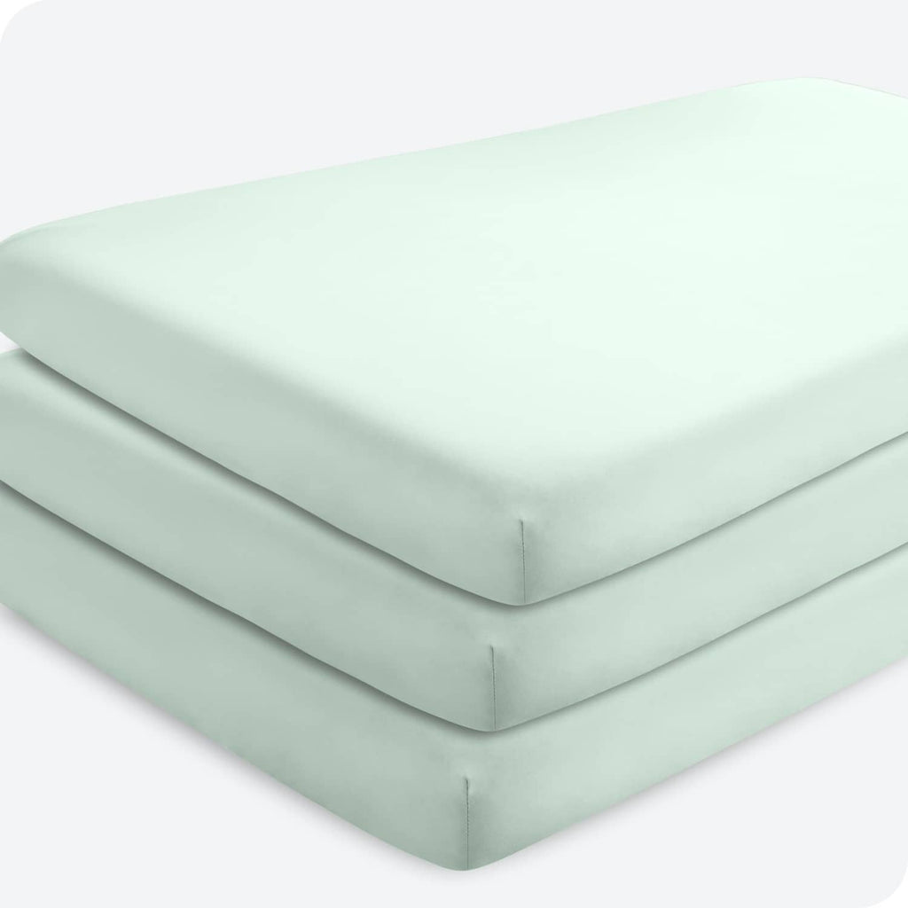 Mint green crib fitted sheet set, smooth microfiber with elastic corner seams