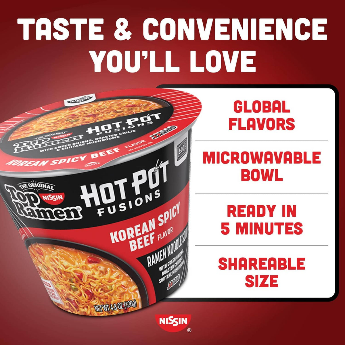 Hot Pot Fusions Korean spicy beef ramen cup with a product information panel