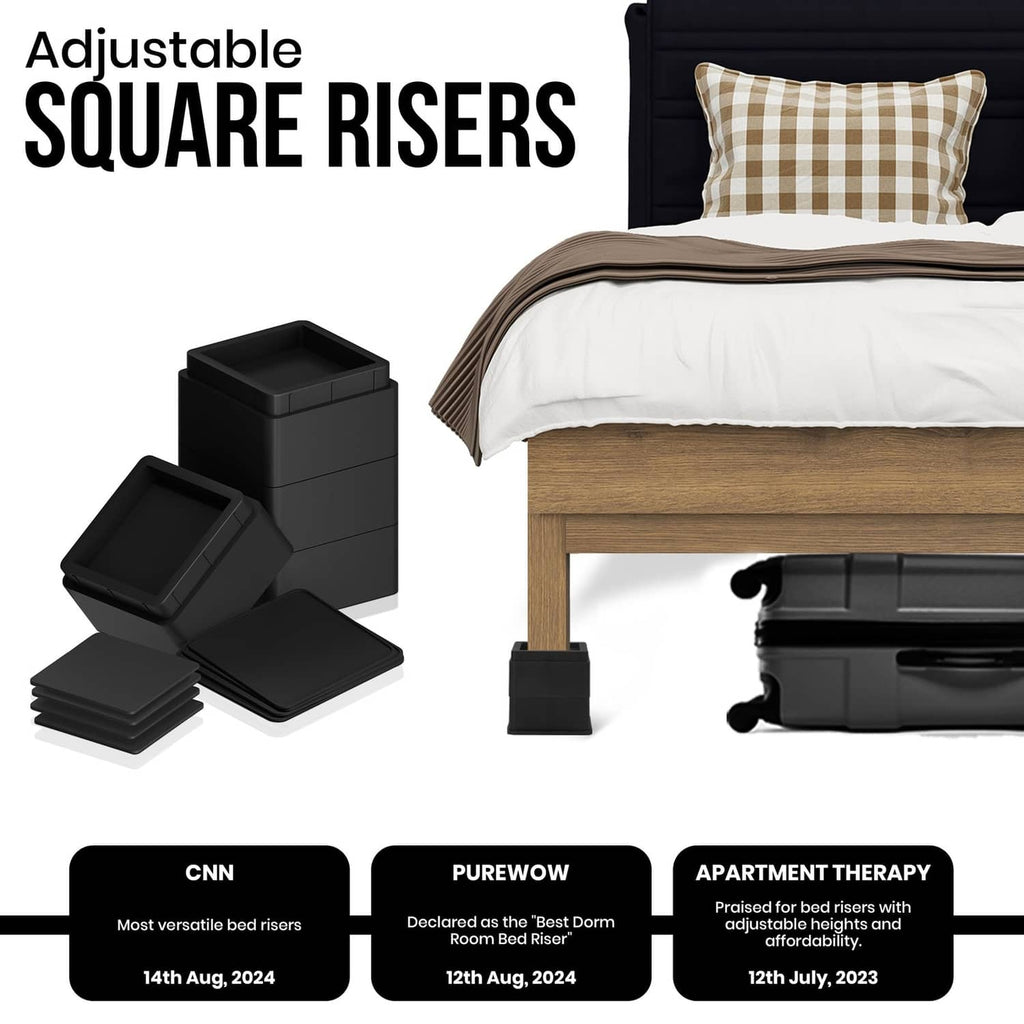 Black adjustable square bed risers with stackable lids for extra under-bed space
