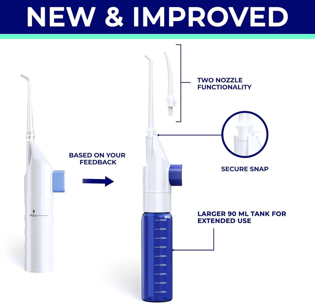 White and blue water flosser with two nozzle tips and snap-on reservoir