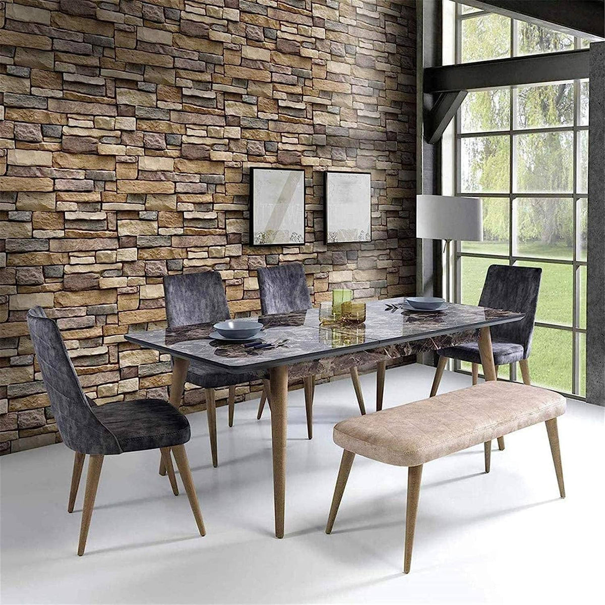 Stone brick peel-and-stick wallpaper with mixed gray and brown stacked blocks