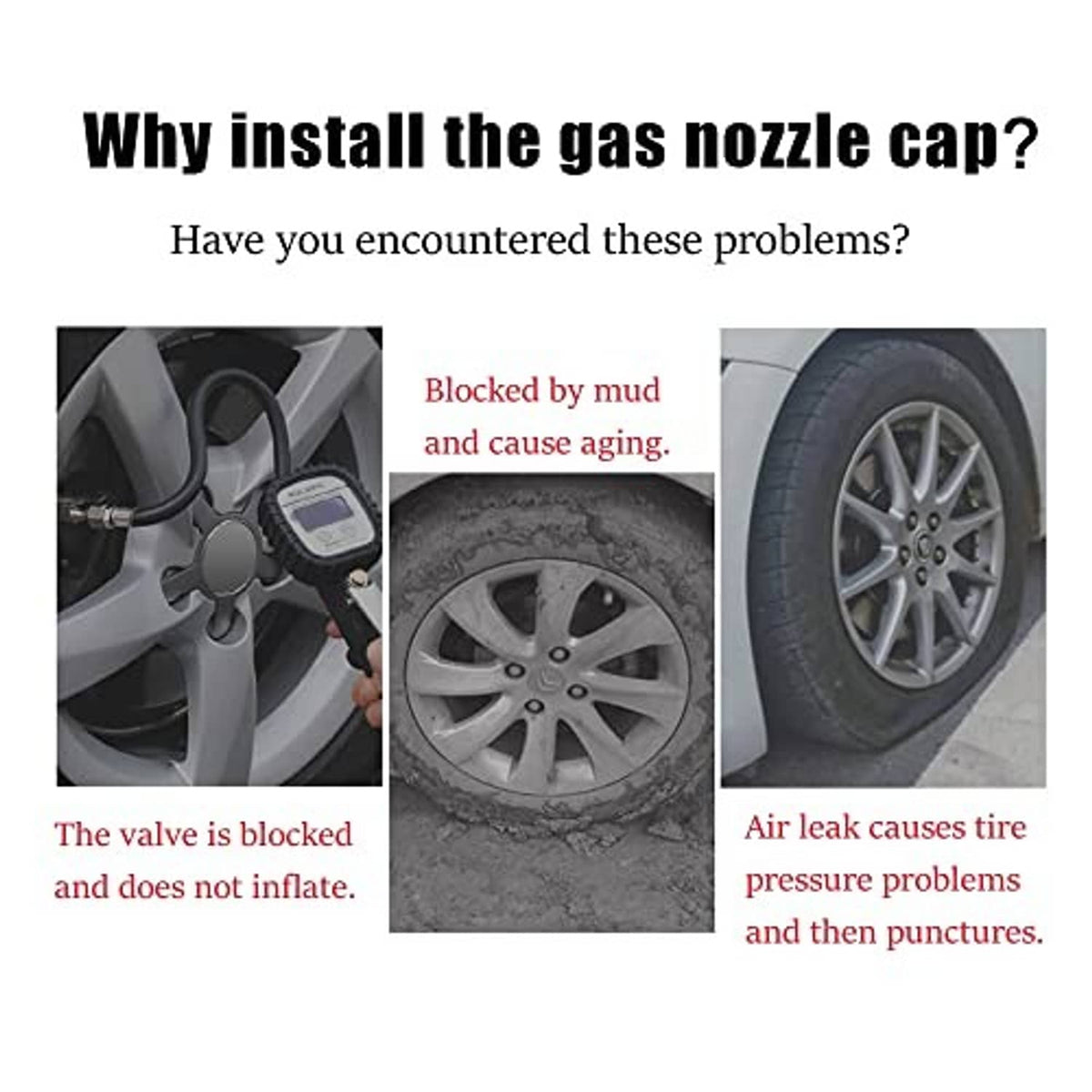 Tire valve nozzle cap concept showing wheel valve area and a sealed connection