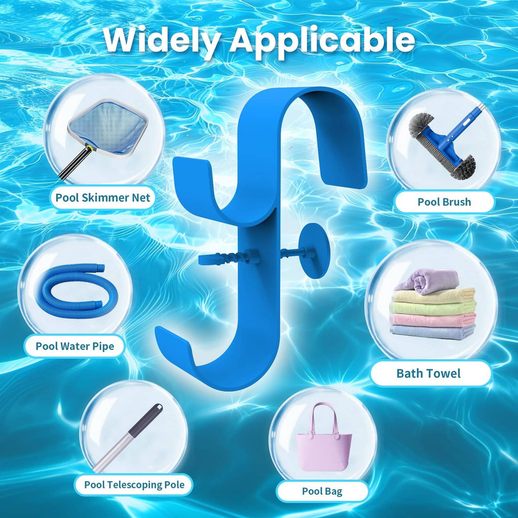Blue adjustable hook holder for pool skimmer net, hanging accessories from a rail