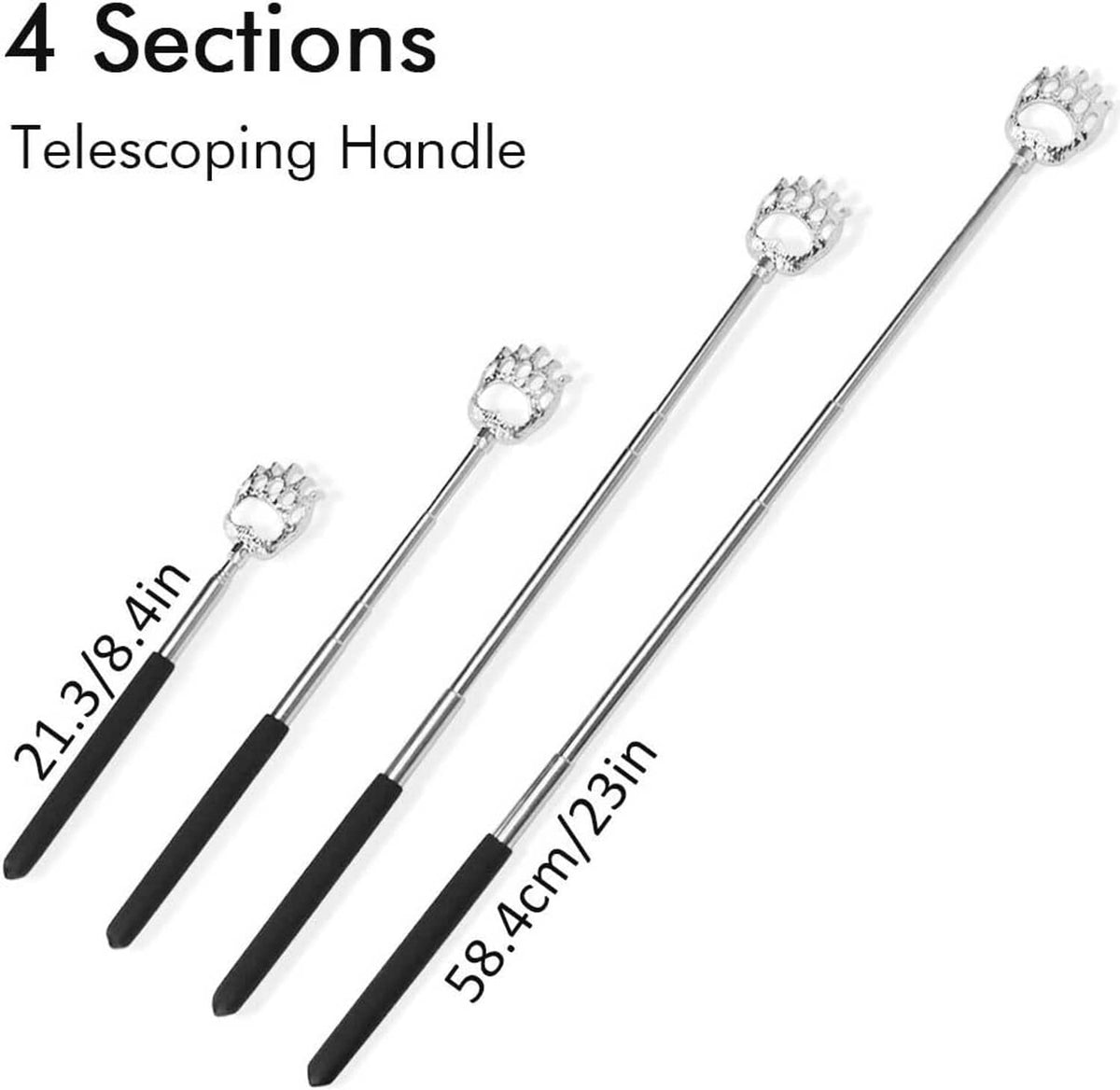 Telescoping back scratcher with 4-section chrome rod, silver paw end, black grips