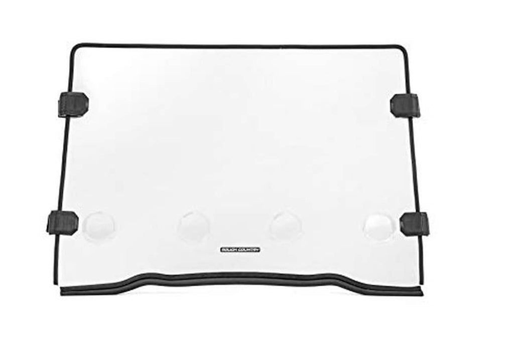Clear front windshield panel with black perimeter frame and side mounting tabs