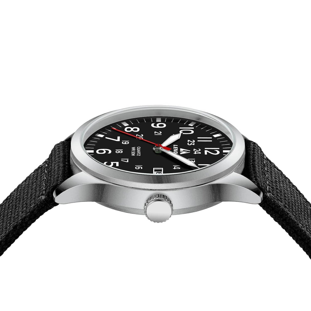 Silver-tone analog wristwatch with black dial, red second hand, and black nylon strap