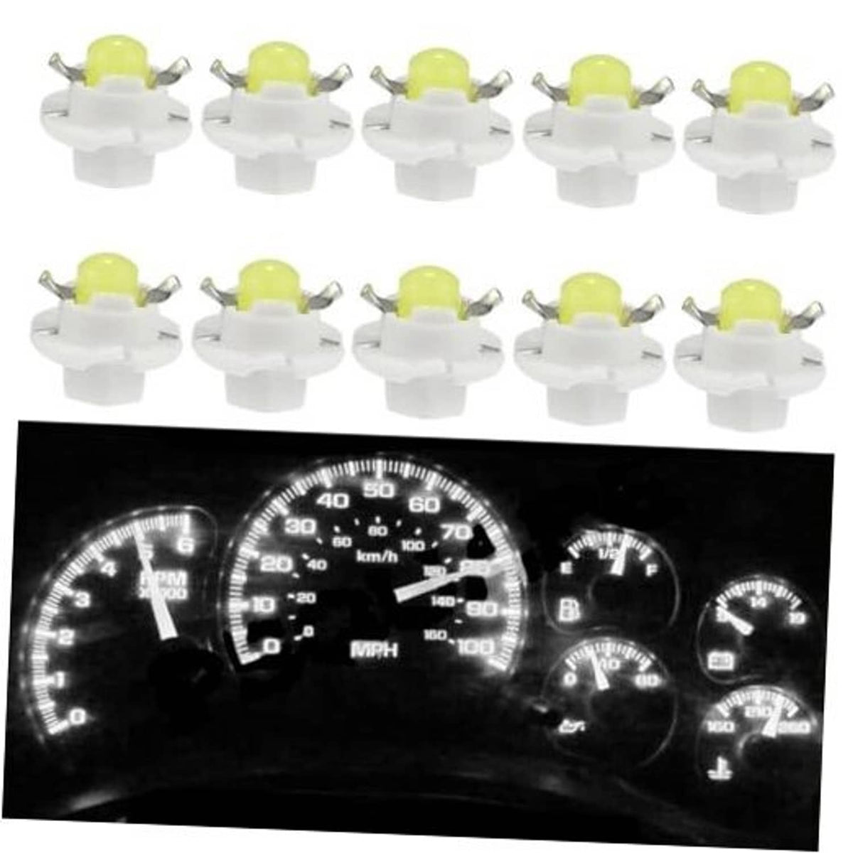 LED instrument gauge bulbs, 10-pack, white base with yellow LED caps