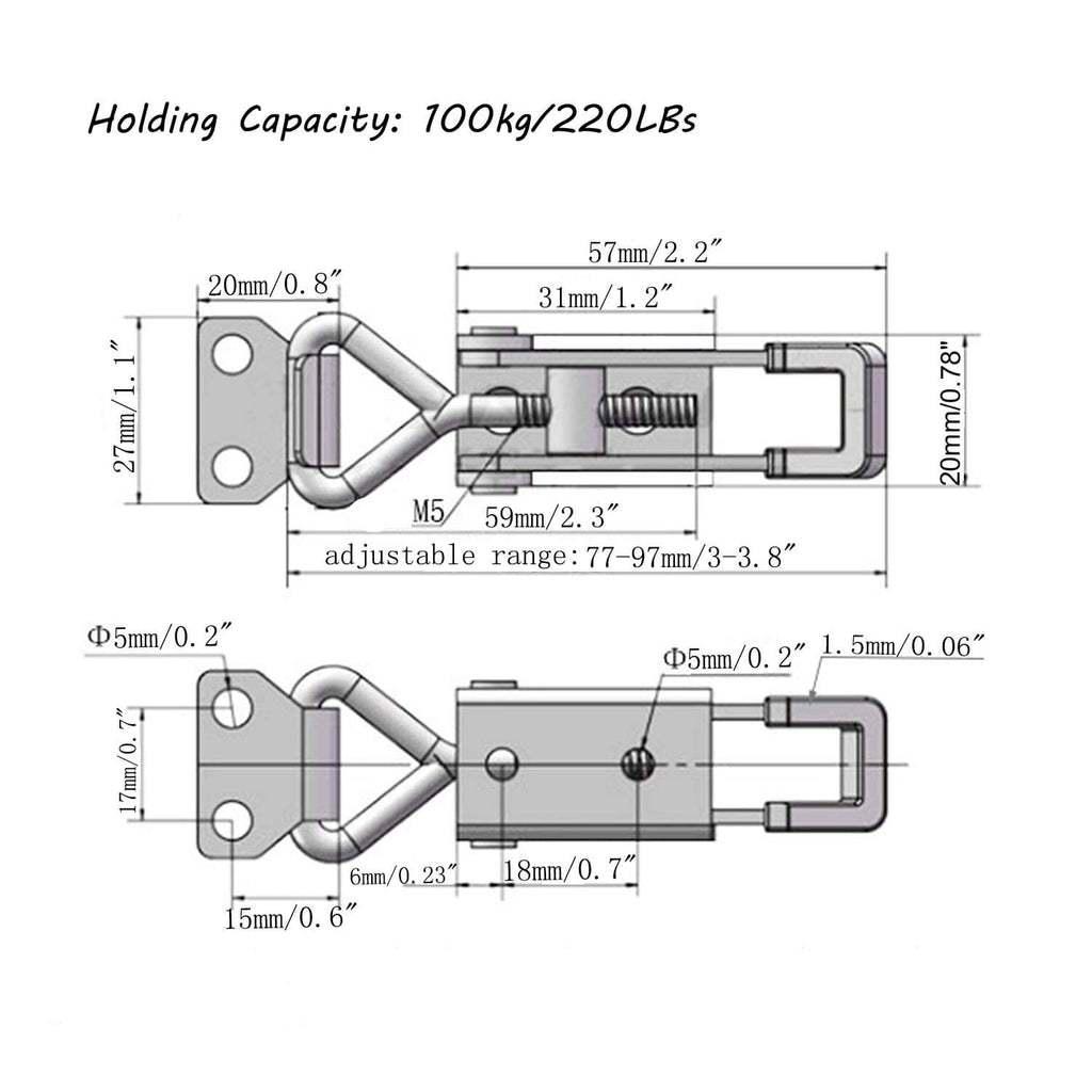 Line drawing of adjustable stainless steel toggle latch clamp with size dimensions
